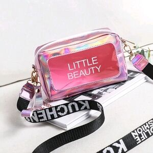 Laser Holographic Crossbody Bag With Letter Printed Shoulder Strap, Cosmetic Bag